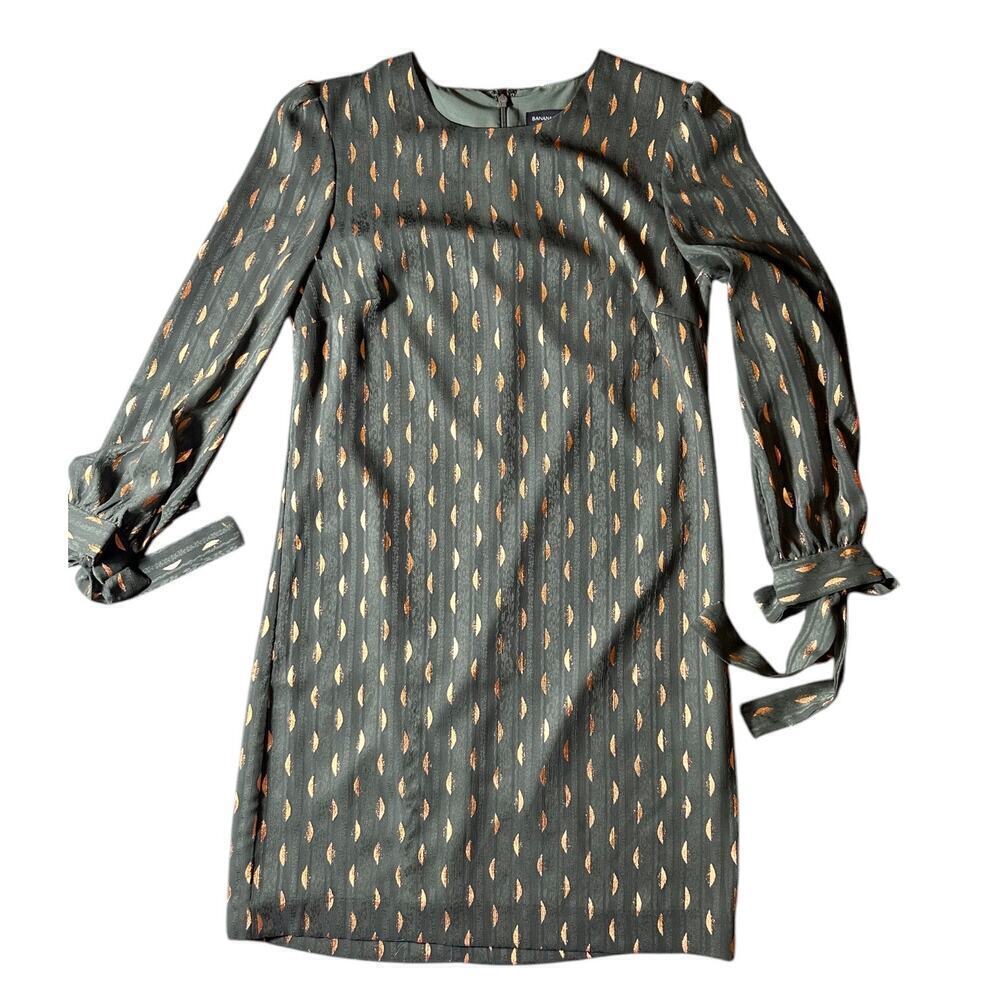 Banana Republic Green Gold Metallic Print Long Sleeve Tie Cuff Dress Size 2 - Picture 2 of 6